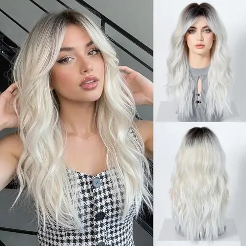 Oufei 22-inch wavy platinum blonde bob with bangs