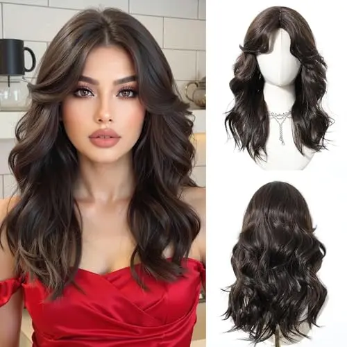 OUFEI 16 Inch Long Curly Synthetic Bangs Wig in Dark Brown