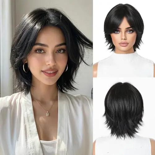 Black short layered straight synthetic bob wig with bangs