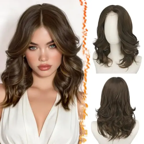 BARSDAR 16 inch short wavy brown with highlights wig with curtain bangs