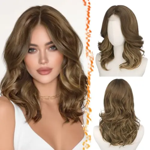 BARSDAR short wavy brown mix honey blonde highlight wig with curtain bangs