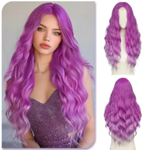 Pastel purple long wavy lace front wig with centre part