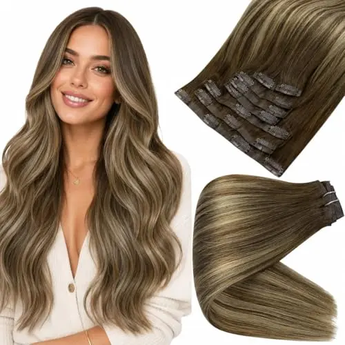 Full Shine clip-in hair extensions with caramel highlights