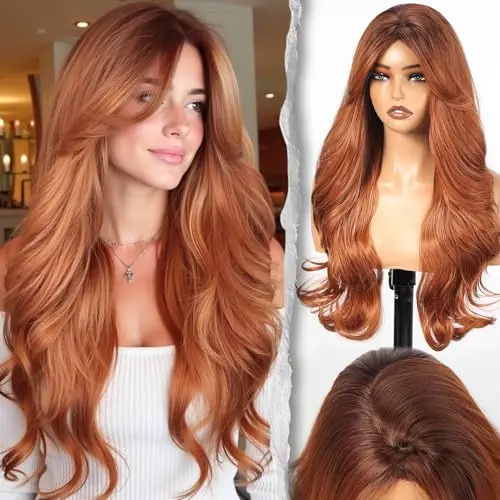 ShineDiary Sunset Auburn wig with bangs and high crown