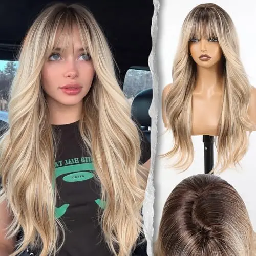 ShineDiary Ash Linen Blonde Wig with Bangs and Voluminous High Crown
