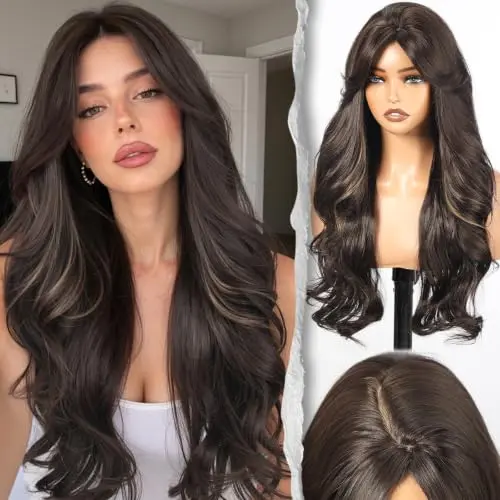 ShineDiary mocha brown with highlights wavy wig with bangs and 4x4 parting
