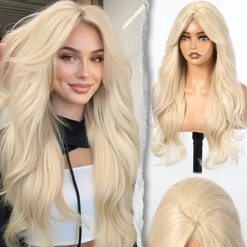 Milky platinum blonde long wavy wig with voluminous high crown on a mannequin