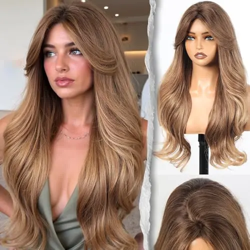 ShineDiary Caramel Toffee Ombre Wig with Bangs