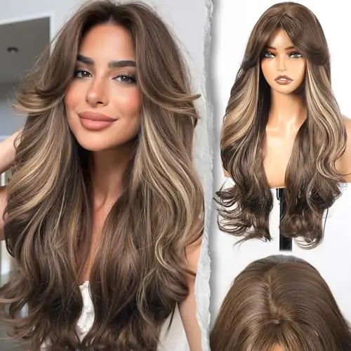 ShineDiary Latte Brown Balayage Wig with Bangs shown with high crown and side part