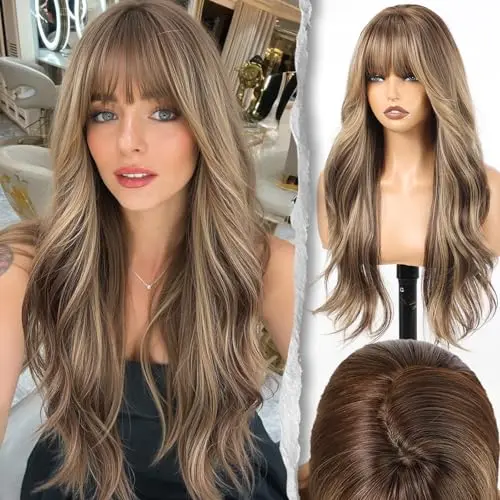 Caramel hazelnut brown long wavy wig with bangs and natural-looking part
