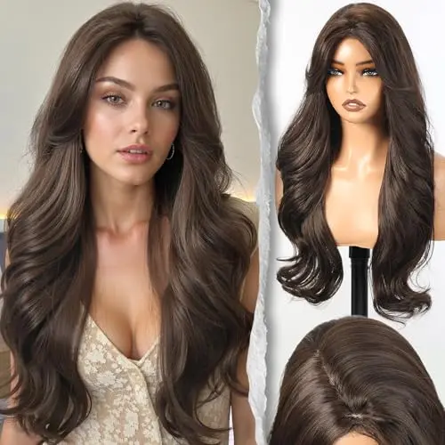 Model wearing an ash taupe brown wig with voluminous high crown and bangs