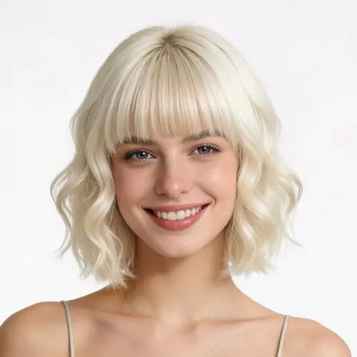 Rose bud blonde curly bob wig with fringe bangs for costume and cosplay