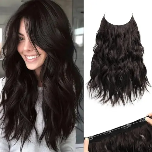 ATNWLYC Halo Hair Extensions 16 Inch Invisible Wire Black Brown Wavy