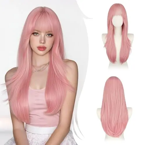 RUWISS pink long straight wig with bangs