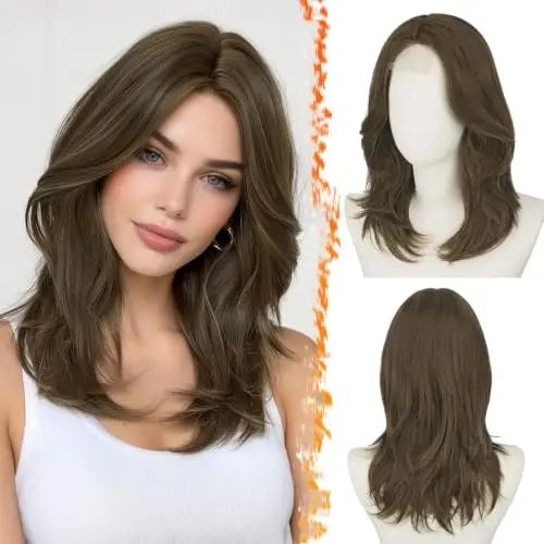 Light brown mix synthetic layered wig with curtain bangs and lace front