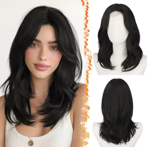 Black 16-inch synthetic lace front wig with curtain bangs on a mannequin