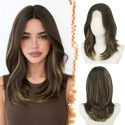 BARSDAR 16 inch straight layered balayage blonde highlights curtain bangs wig
