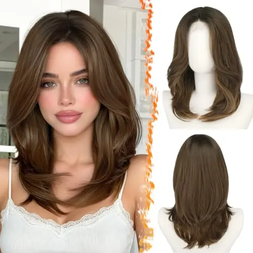 BARSDAR 16-inch synthetic straight layered brown ombre curtain bangs wig