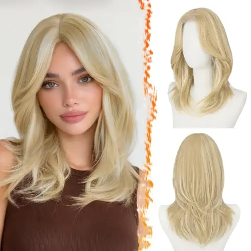 BARSDAR 16 inch blonde highlight wig with curtain bangs