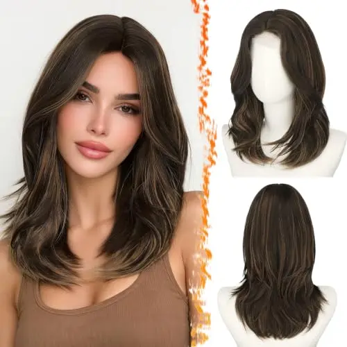 BARSDAR 16-inch black and brown highlight straight layered wig with curtain bangs