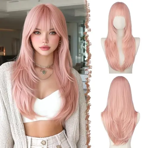 FESHFEN pink blonde straight sleek layered wig with bangs
