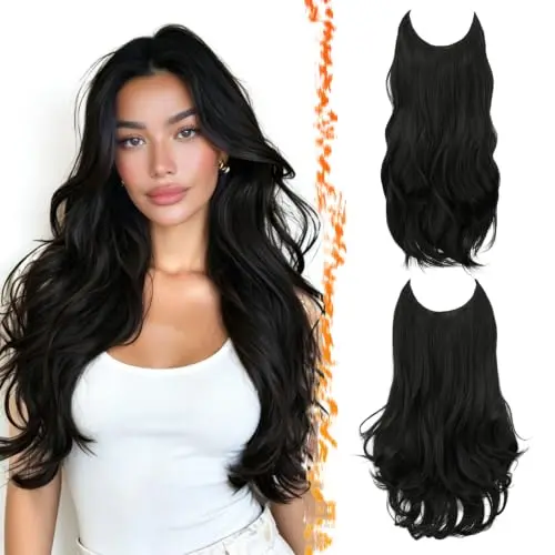 BARSDAR 2 PCS Invisible Wire Synthetic Black Wavy Clip in Hair Extensions