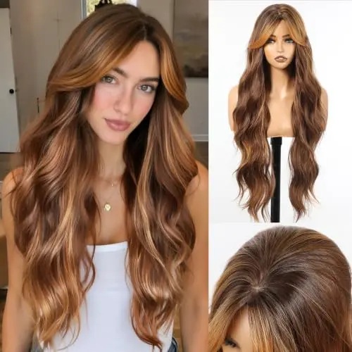 Amber ginger balayage wig with bangs and voluminous high crown