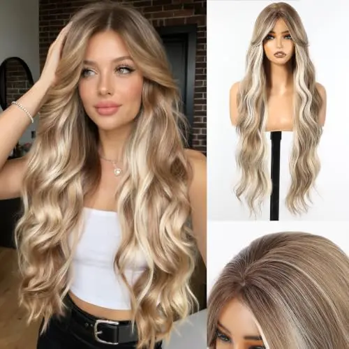 ShineDiary 30 inch ash linen highlighted bubble wig with bangs