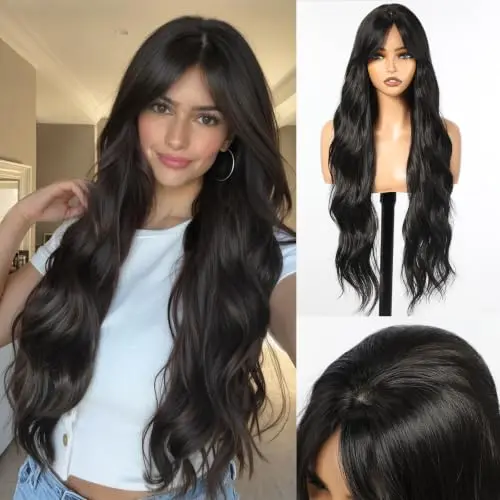 ShineDiary 30 Inch Jet Black Wavy Wig with Bangs product image