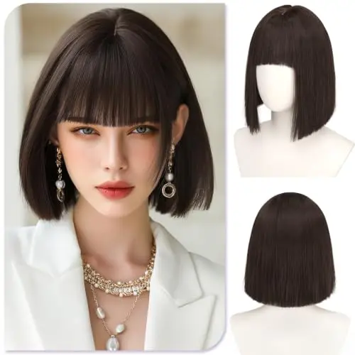 Front view of Sofeiyan 12-inch straight dark brown bob wig with curtain bangs