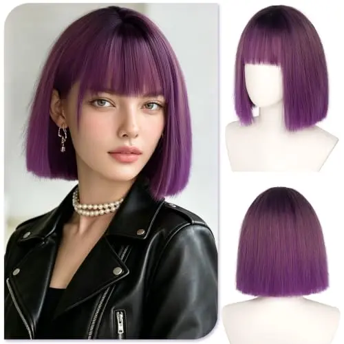 Purple ombre black short bob wig with face-framing curtain bangs