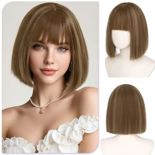 Sofeiyan brown blonde highlight straight bob wig with curtain bangs