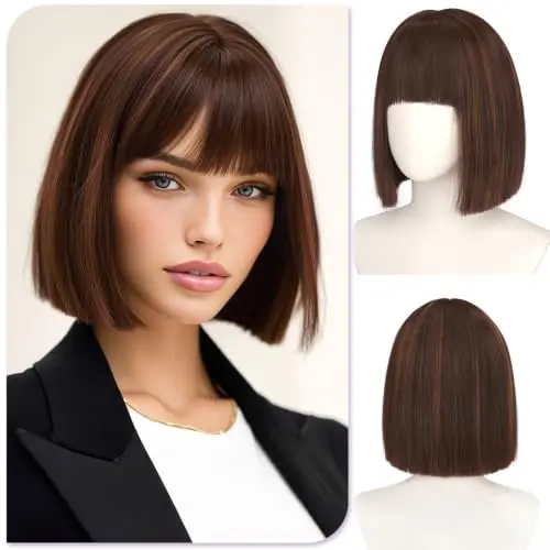 Sofeiyan 12 Inch Straight Golden Chestnut Brown Bob with Curtain Bangs