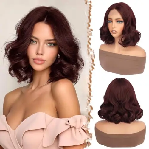 Sidaila deep burgundy curly bob middle part wig