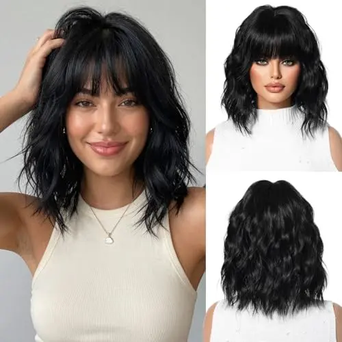 OUFEI short wavy black synthetic wig with bangs 14 inch