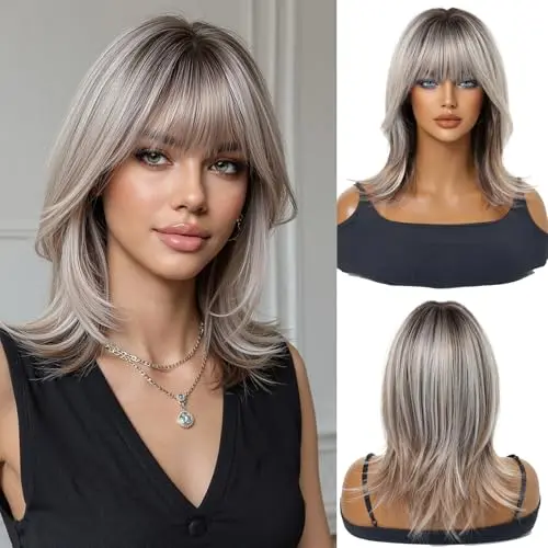 OUFEI ash blonde short bob wig with bangs, straight Japanese Kanekalon synthetic fibre