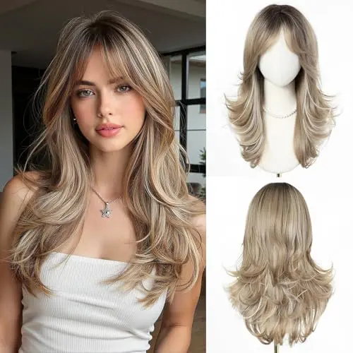 Long layered ash blonde synthetic wig with soft waves and bangs