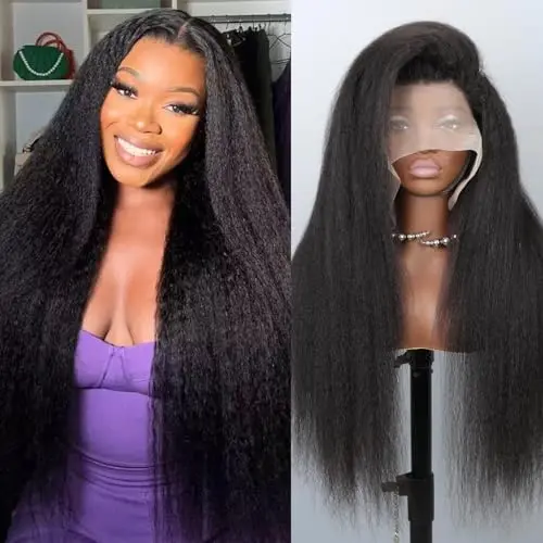 Datanala 13x6 straight lace frontal wig in kinky straight natural black, 26 inches, 200% density