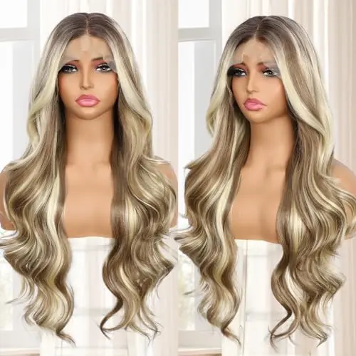 BABEHERS Blonde Mix Brown Lace Front Wig in long wavy body wave style