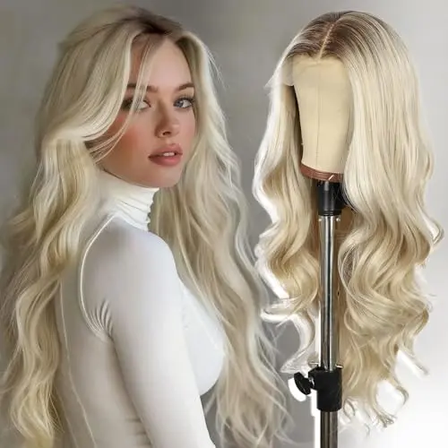 BABEHERS blonde 13x4 lace front wig with dark roots and long wavy hair