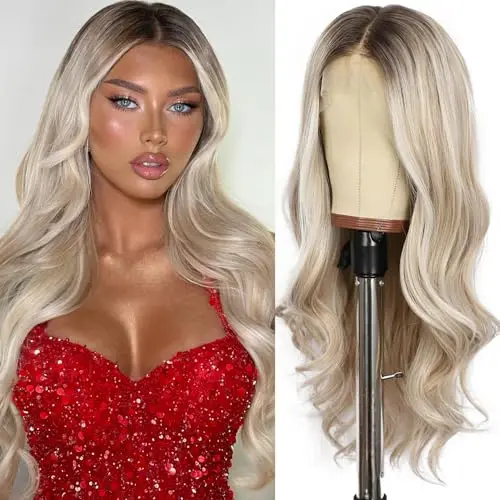 BABEHERS 22 inch blonde body wave lace front wig with dark roots