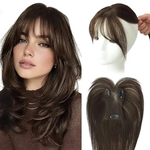 WORLDSTAR real human hair topper with French bangs in dark brown