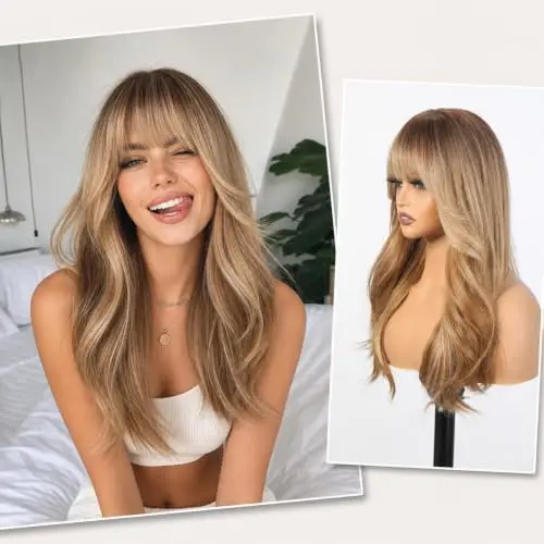 ShineDiary maple syrup brown layered wig with bangs and realistic scalp
