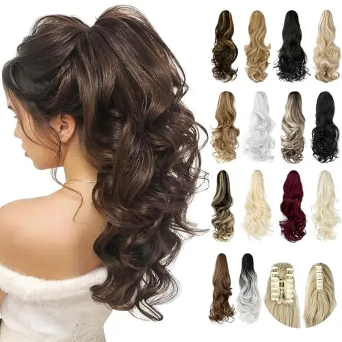 Felendy black curly wavy claw clip ponytail extension with long curls