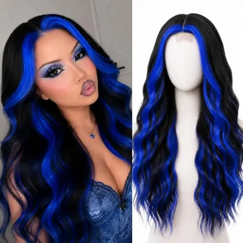 Black and blue long cosplay wig with middle part on mannequin