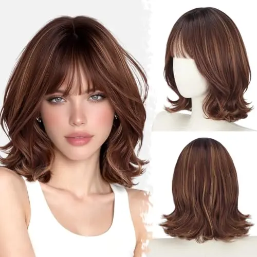 Auburn brown layered bob wig with wispy bangs and blonde highlights