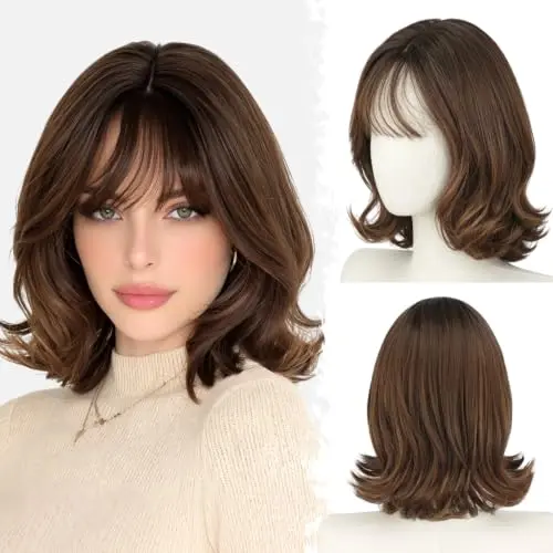 BARSDAR shoulder-length layered brown ombre bob wig with wispy bangs