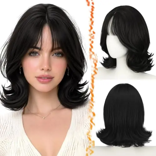 Black 13-inch synthetic bob wig with wispy curtain bangs and U-shaped lace front