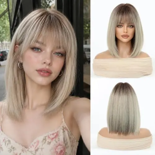 Esmee blonde ombre 12 inch straight bob wig with bangs
