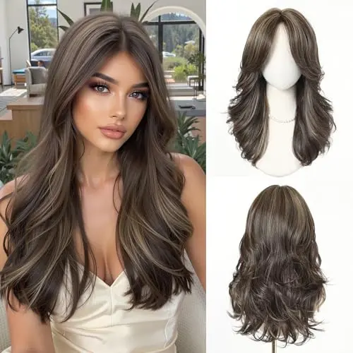 Esmee long wavy black and brown highlight wig with bangs